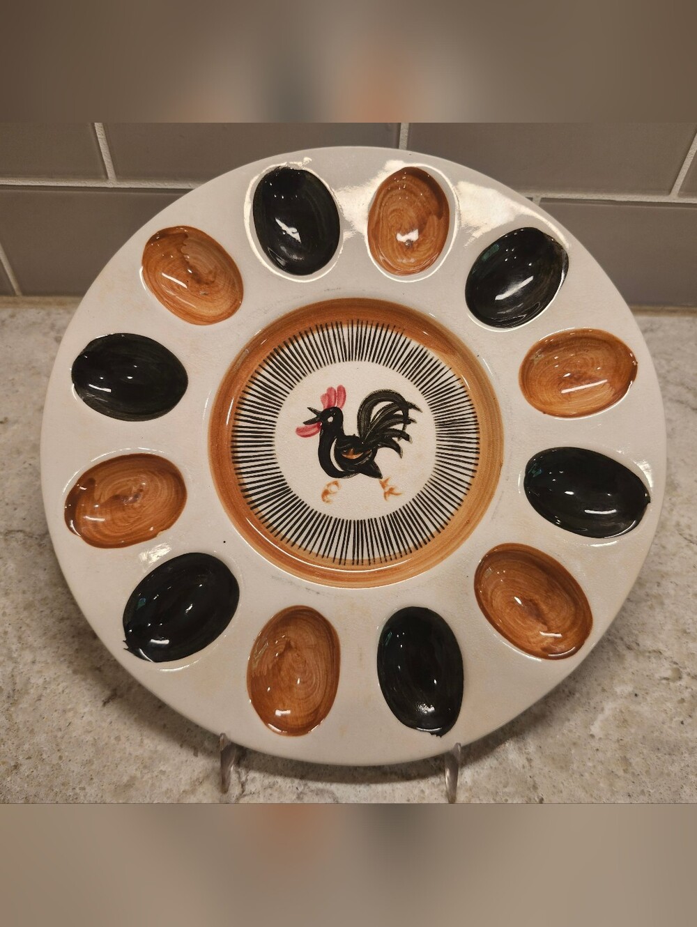 VTG 1940s Rooster Black Brown Devil Egg Plate Handpaint Made In Japan Ironstone